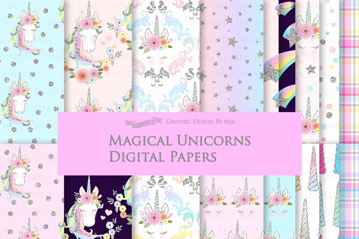 Unicorn Faces Silver Clipart,Pattern, an Illustration by Mia's Graphic Design (Photo 8 of 10)
