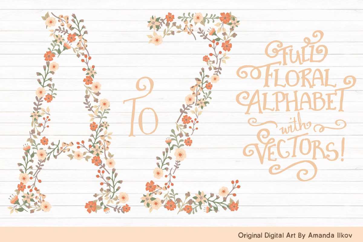 Peach Floral Alphabet Vectors & PNGs, an Illustration by Amanda Ilkov (Photo 1 of 5)