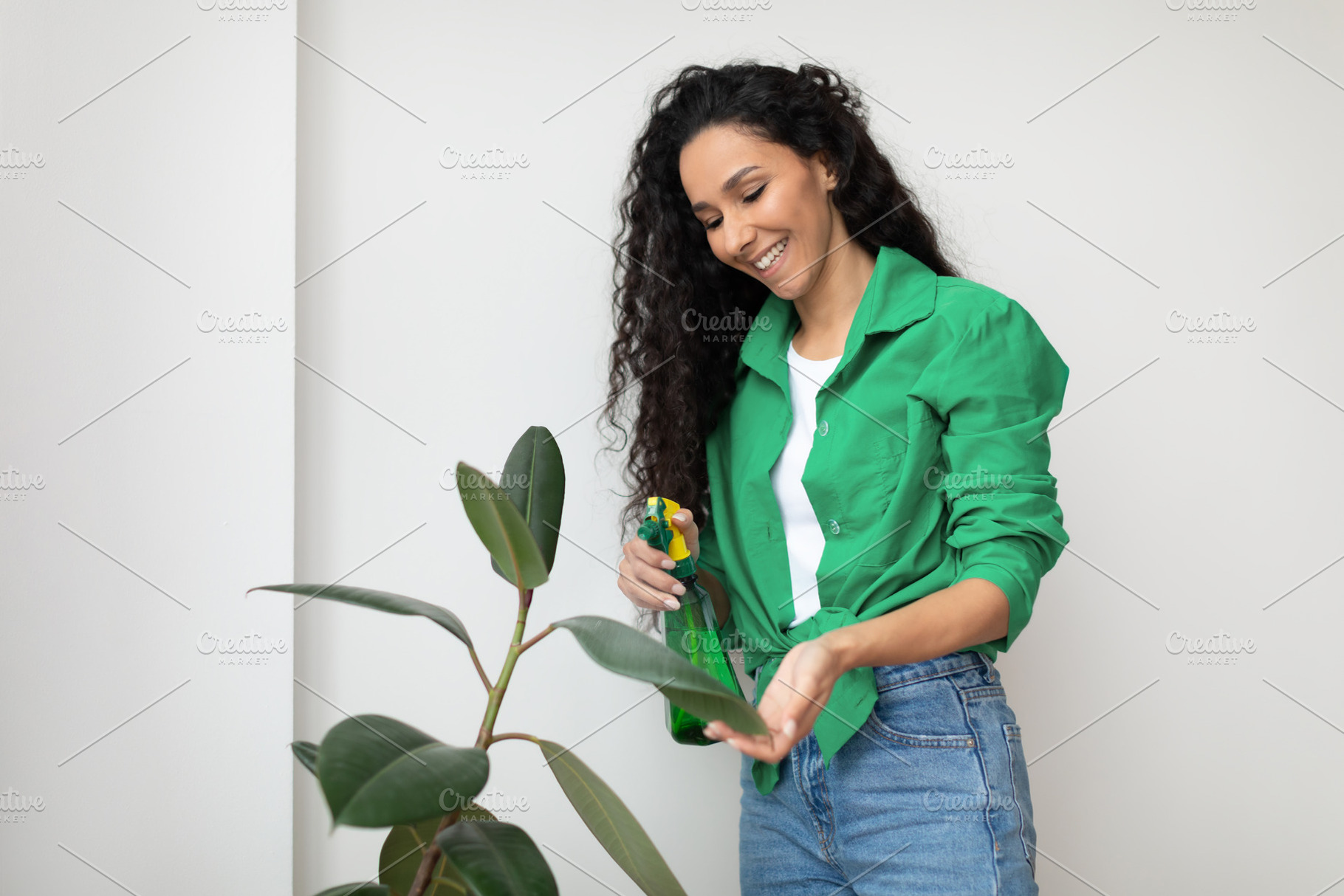 Happy Woman Cleaning Plant Leaves Using Spray Bottle At Home, a Photo by Prostock-Studio