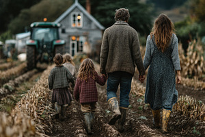 Family walking through muddy cornfields on a small family farm at dusk, parents, a Photo by AS photostudio