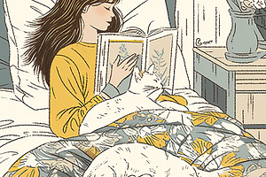 Young woman reading book in cozy bed with cat and floral bedding, a Photo by AS photostudio