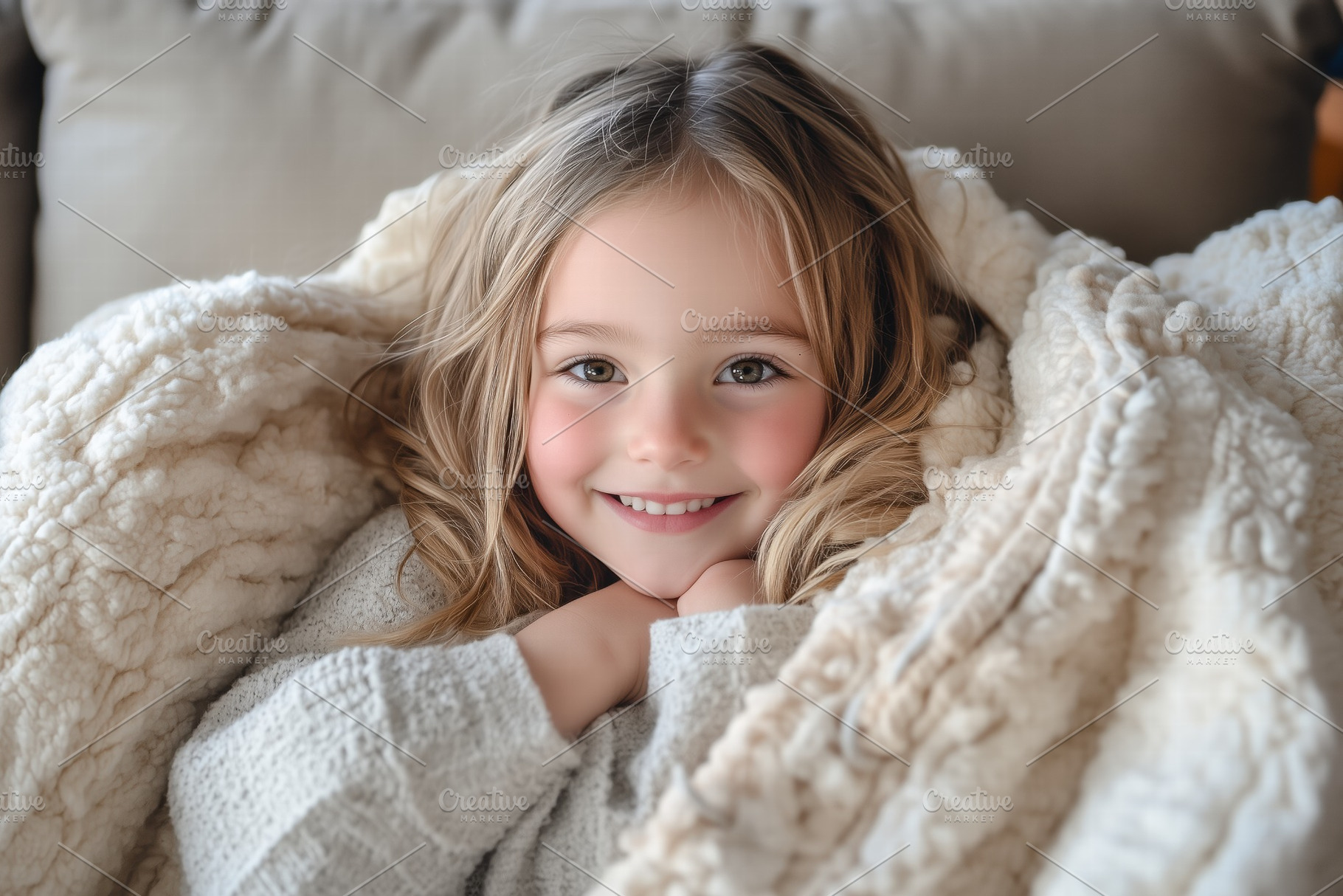 A young girl with long, wavy hair smiles warmly while wrapped in a cozy, fluffy, a Photo by Textures & Backgrounds