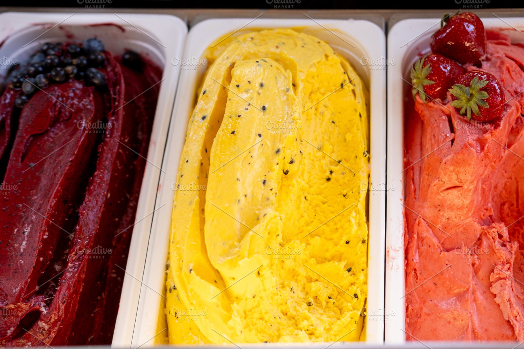 Colorful gelato fruit sorbet set ice cream berry, a Food & Drink Photo by Photo Drive Studio