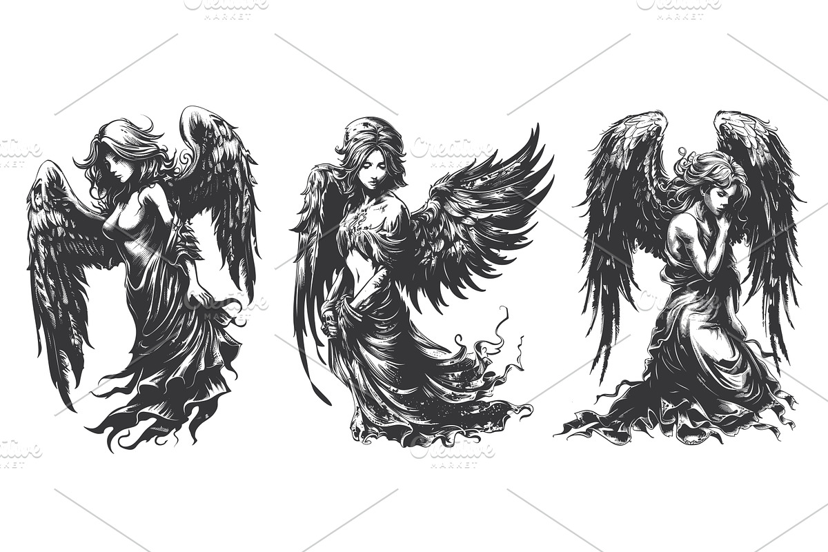Woman gothic angel tattoo. Female, an Object Illustration by  Stock-Smart-Start, image size:1200x800