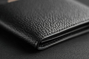 Elegant black leather wallet resting on a smooth surface in a minimalist enviro, a Beauty & Fashion Photo by AlyaAnd