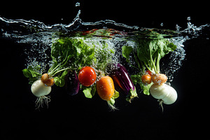 Fresh vegetables submerged in water, a Photo by Tanuart