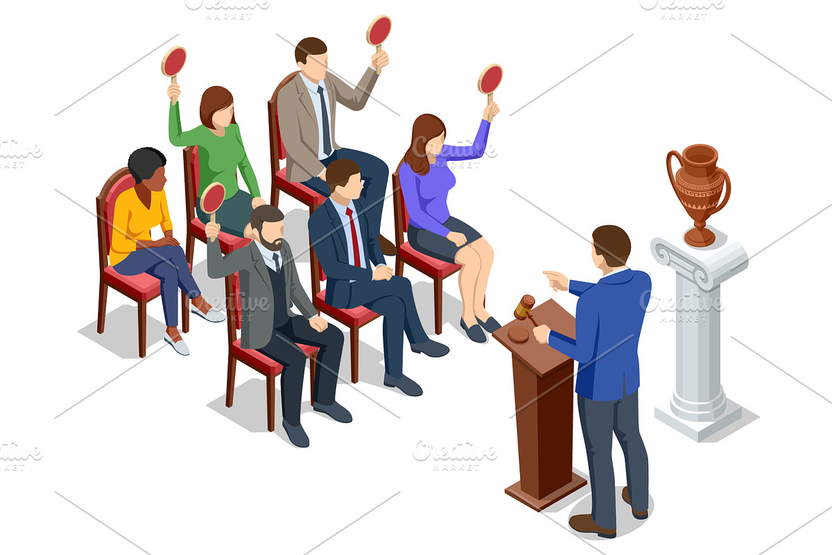 Isometric art auction with diverse, a Finance Illustration by Golden Sikorka