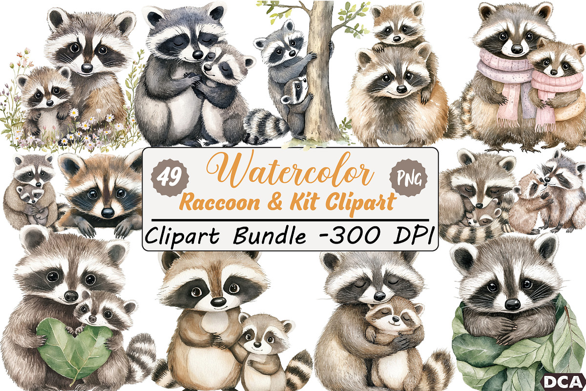 Watercolor Raccoon & Kit Clipart, an Illustration by DreamCafeArt (Photo 1 of 9)
