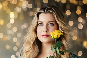 Beautiful woman holding yellow rose, soft romantic portrait, blo, a Person Photo by Studio ANNA