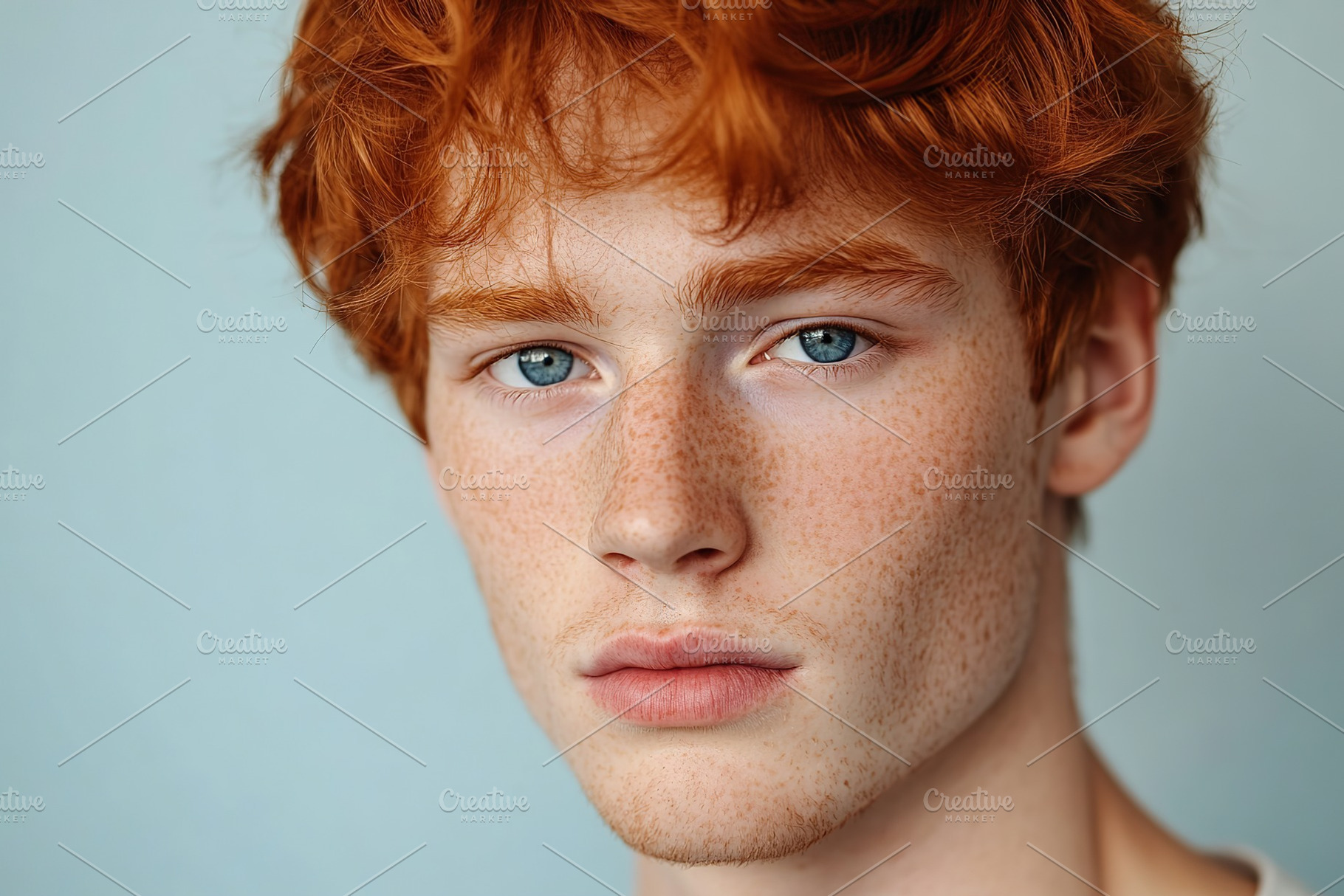 Handsome redhead man posing on grey background, a Person Photo by AlyaAnd