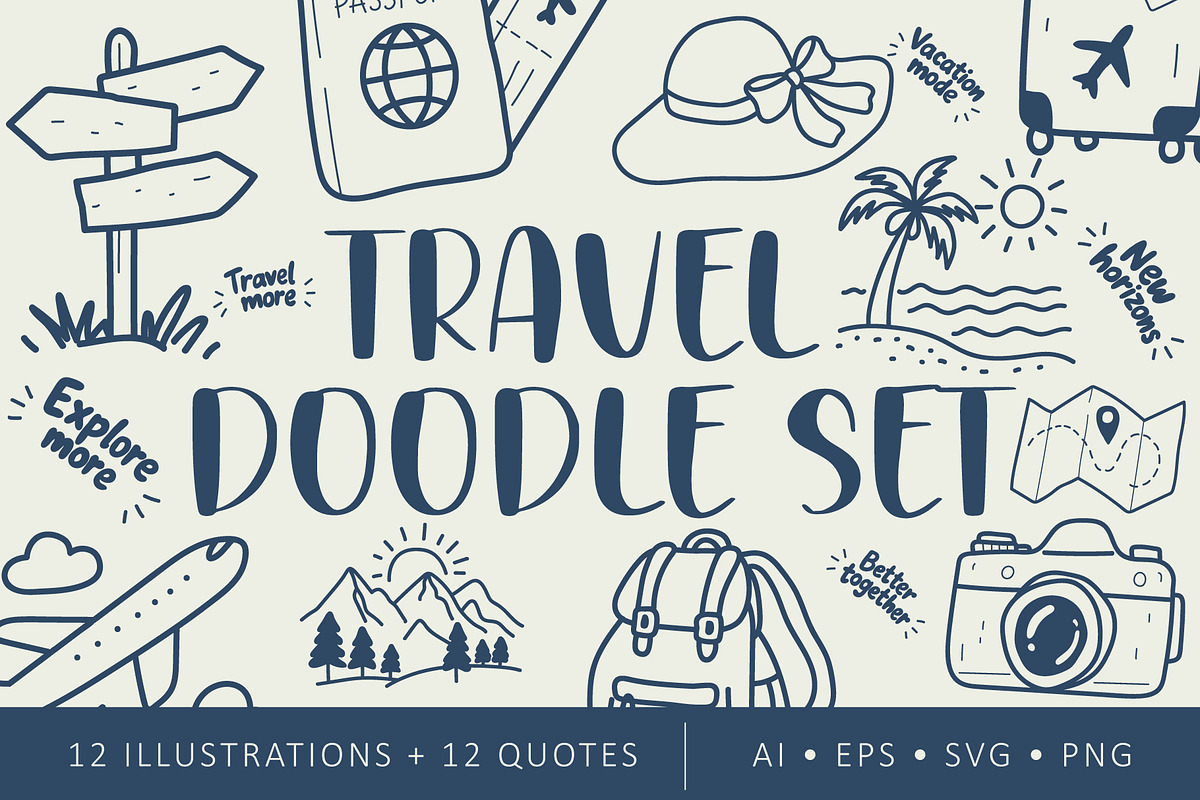 Travel Doodle Quote Set, an Object Illustration by OREHOVKA (Photo 1 of 3)