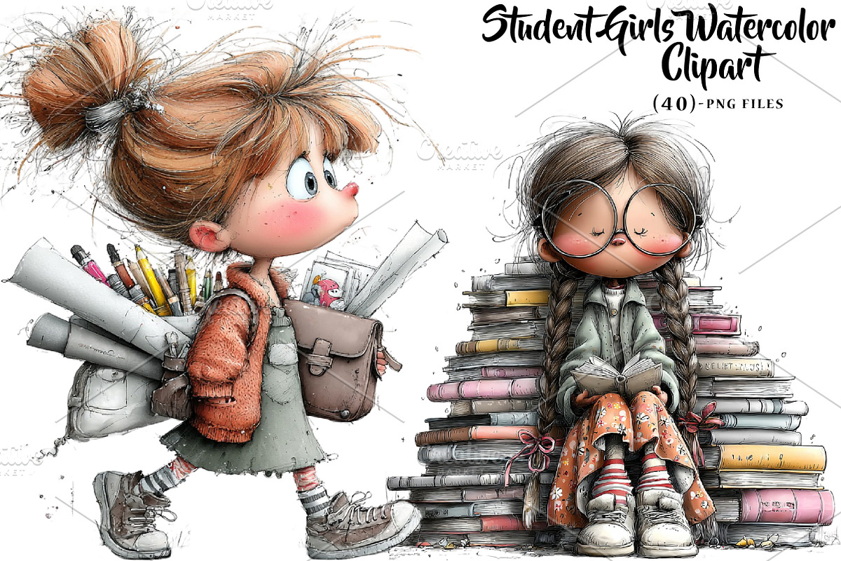 Student Girls Watercolor Clipart, a Seasonal Illustration by CreationArt (Photo 1 of 5)