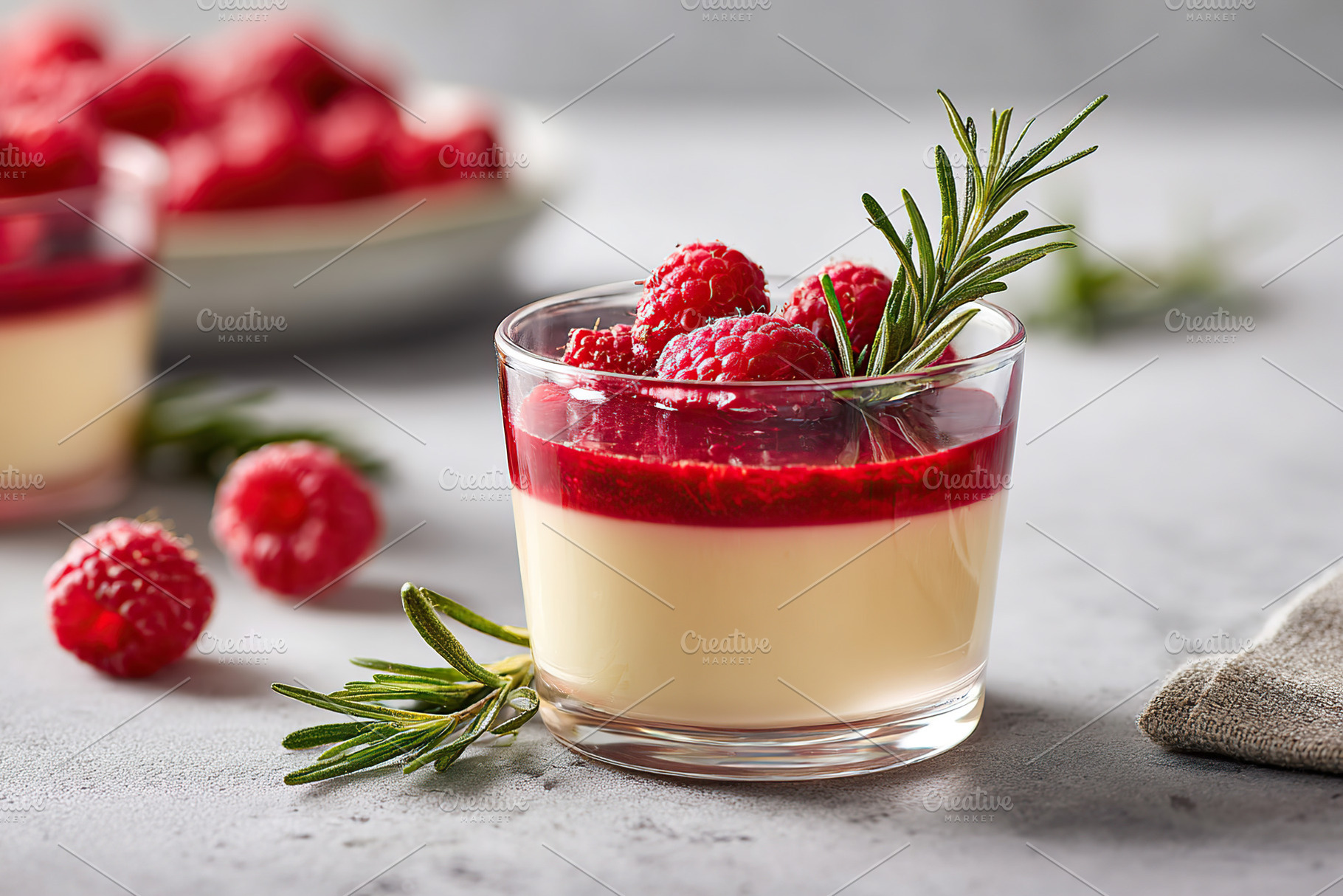 Panna cotta dessert topped with fresh raspberry sauce and herbs on a gray surfa, a Food & Drink Photo by AlyaAnd