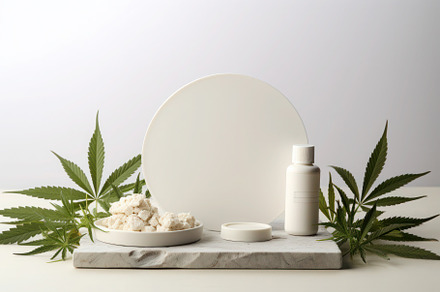 Natural Alternative medicine and cosmetics, CBD, cannabis, hemp, marijuana leav, a Photo by Antonina Vlasova
