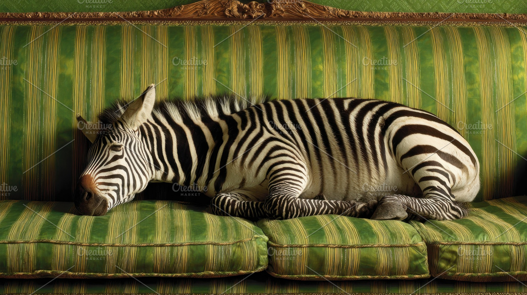 Zebra resting on a green couch, a Photo by Beautiful things