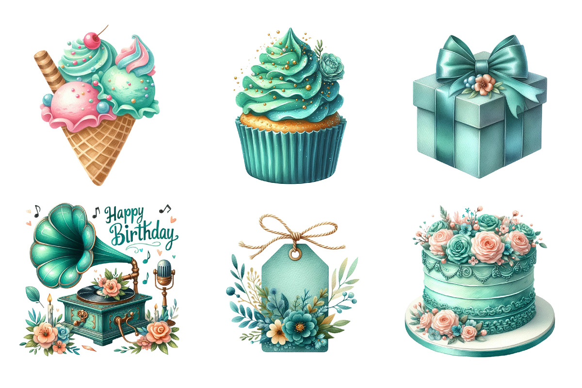 Vintage Soft Teal Birthday Clipart, an Illustration by SinaCreation (Photo 2 of 5)