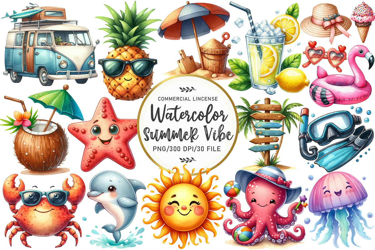 Watercolor Summer Vibe Clipart, an Illustration by OK Design (Photo 1 of 5)