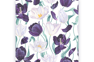 White & Dark Tulips Vector Pattern