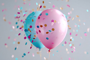 Pastel balloons burst and release colorful confetti in a festive celebration, a Photo by AlyaAnd