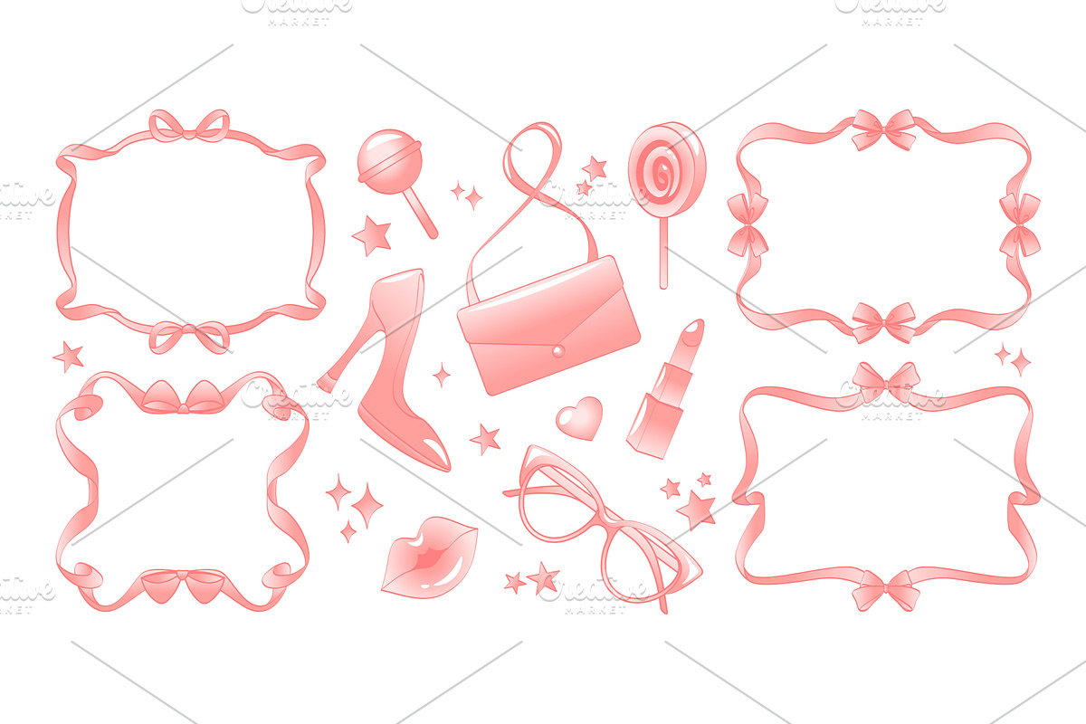 Pink coquette ribbon frame set, an Illustration by art PVP - market