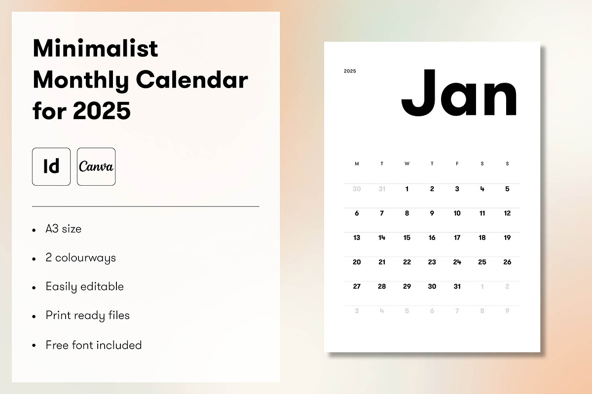 Minimalist monthly calendar for 2025, a Templates & Theme by MMS Design Studio (Photo 1 of 4)