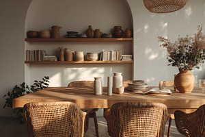 Dining room with natural wood table, an Architecture Photo by Virgo Studio