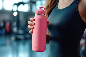 Athlete quenches thirst with pink water bottle during workout session at gym, a Sports & Recreation Photo by AlyaAnd