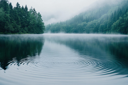 Calm lake with ripples and misty for, a Photo by Iftikhar Alam