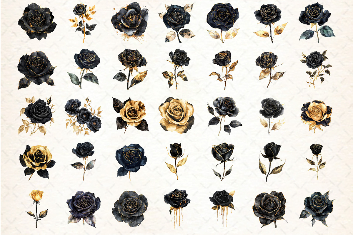 Black and Gold Rose Clipart, an Illustration by DreamCafeArt (Photo 2 of 7)