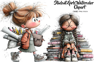 Student Girls Watercolor Clipart, a Seasonal Illustration by CreationArt