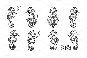 Adorable set of cartoon seahorses, an Illustration by yod67