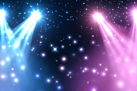Blue and purple disco light rays in neon banner stage spotlights, a Photo by Dvoevnore photos