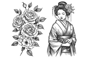 Geisha In Kimono Floral Elements