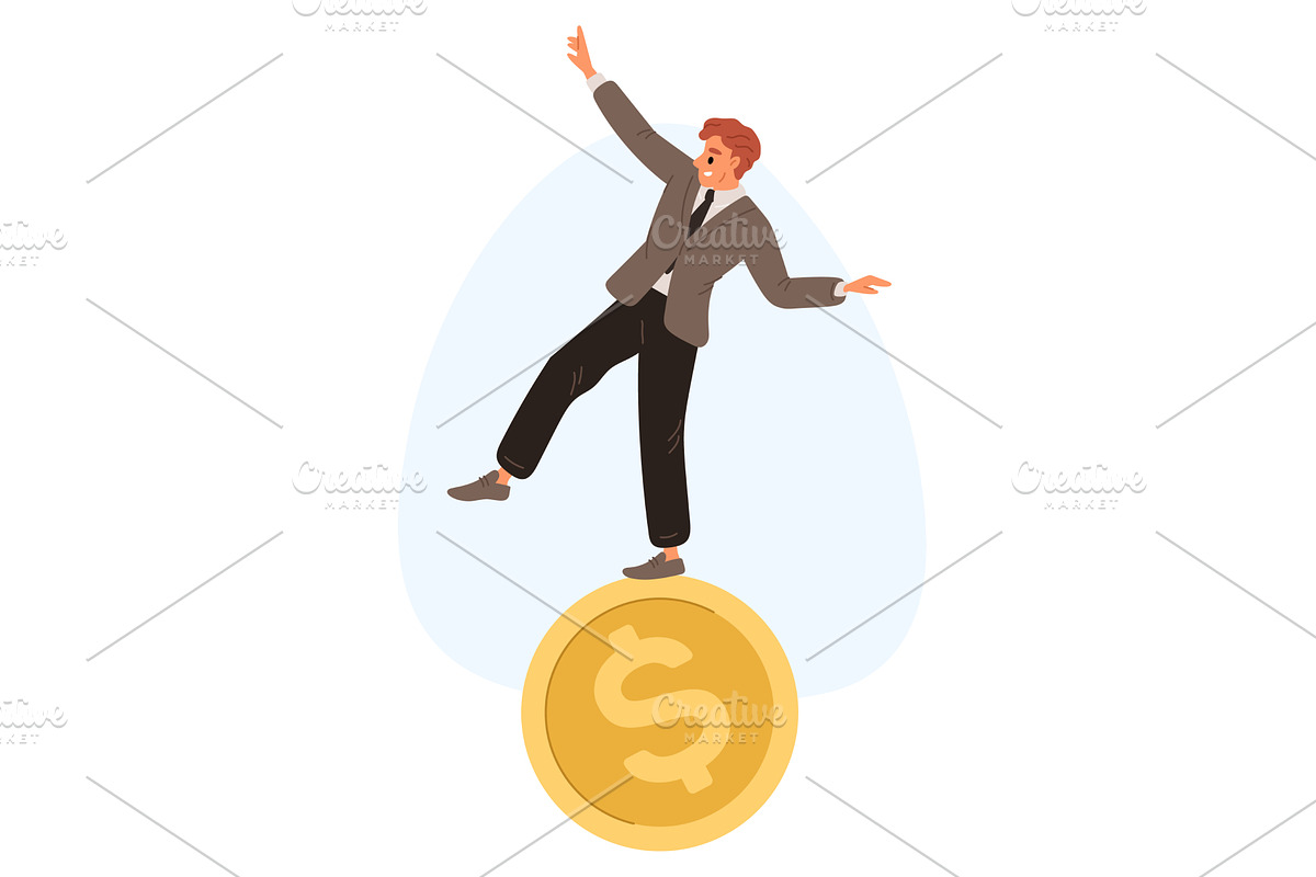 Businessman balances on gold coin, a Finance Illustration by Vectorbuum