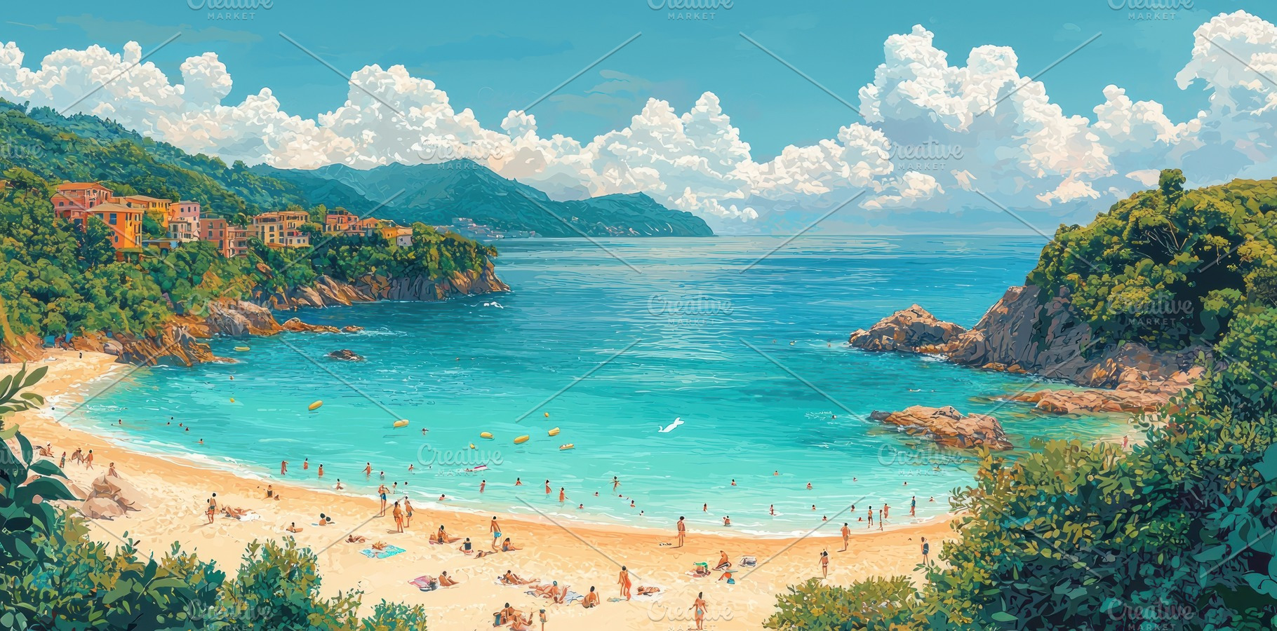 Colorful seaside buildings lining a sandy beach with people sunb, a Holiday Photo by José Manuel Gelpi