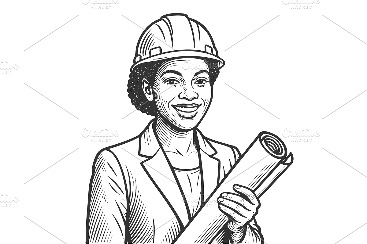 Female Architect with Blueprint Hard, an Illustration by AlexArt