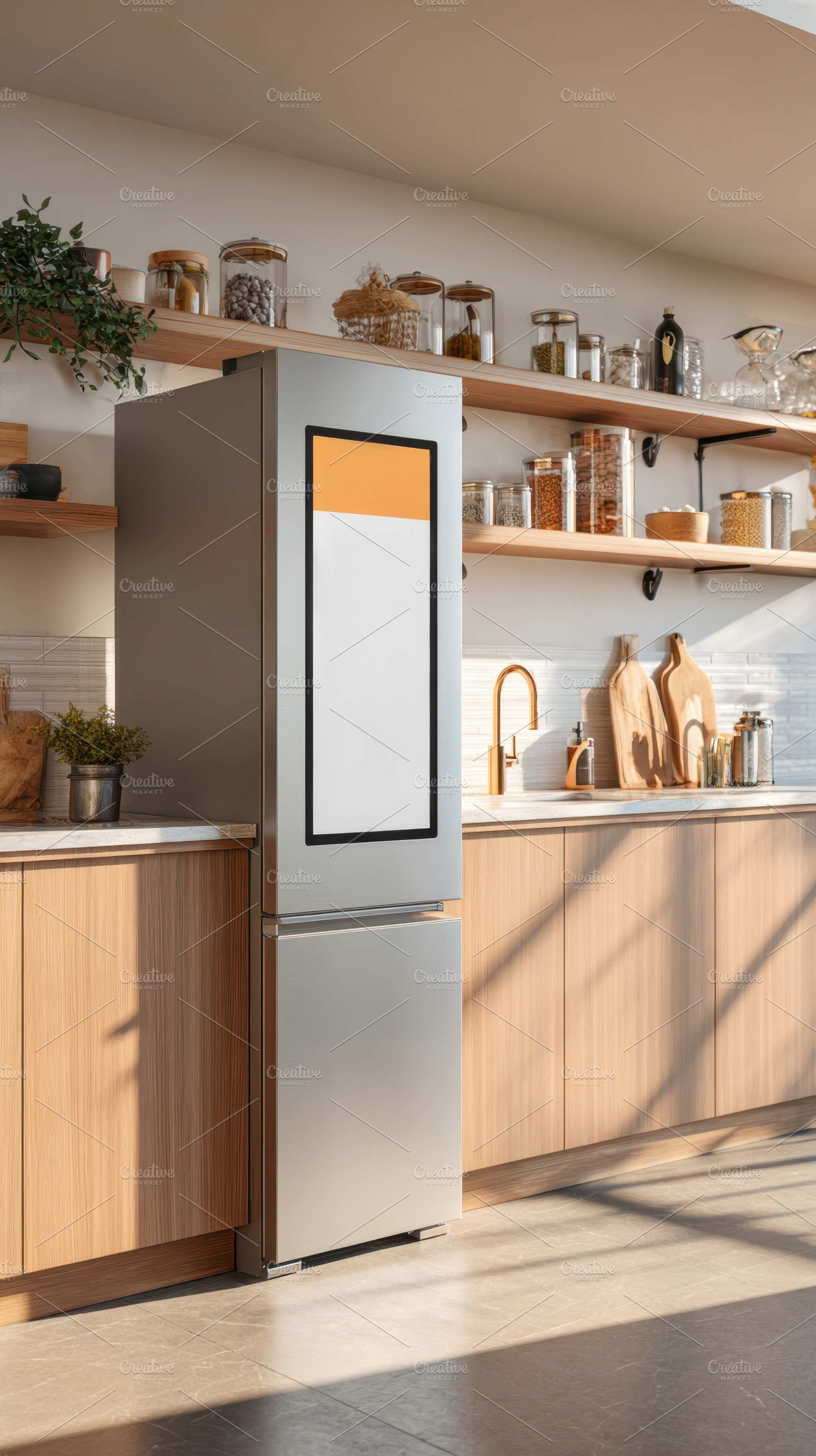 Modern Kitchen with Sleek Refrigerator and Wooden Shelves, a Food & Drink Photo by AlyaAnd