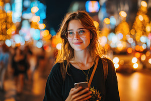 Young woman using phone city lights, a Photo by Pixeness Studio