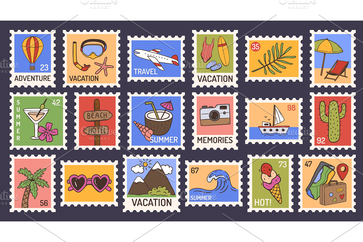 Summer travel stamps. Beach, palm, an Illustration by winwin.art
