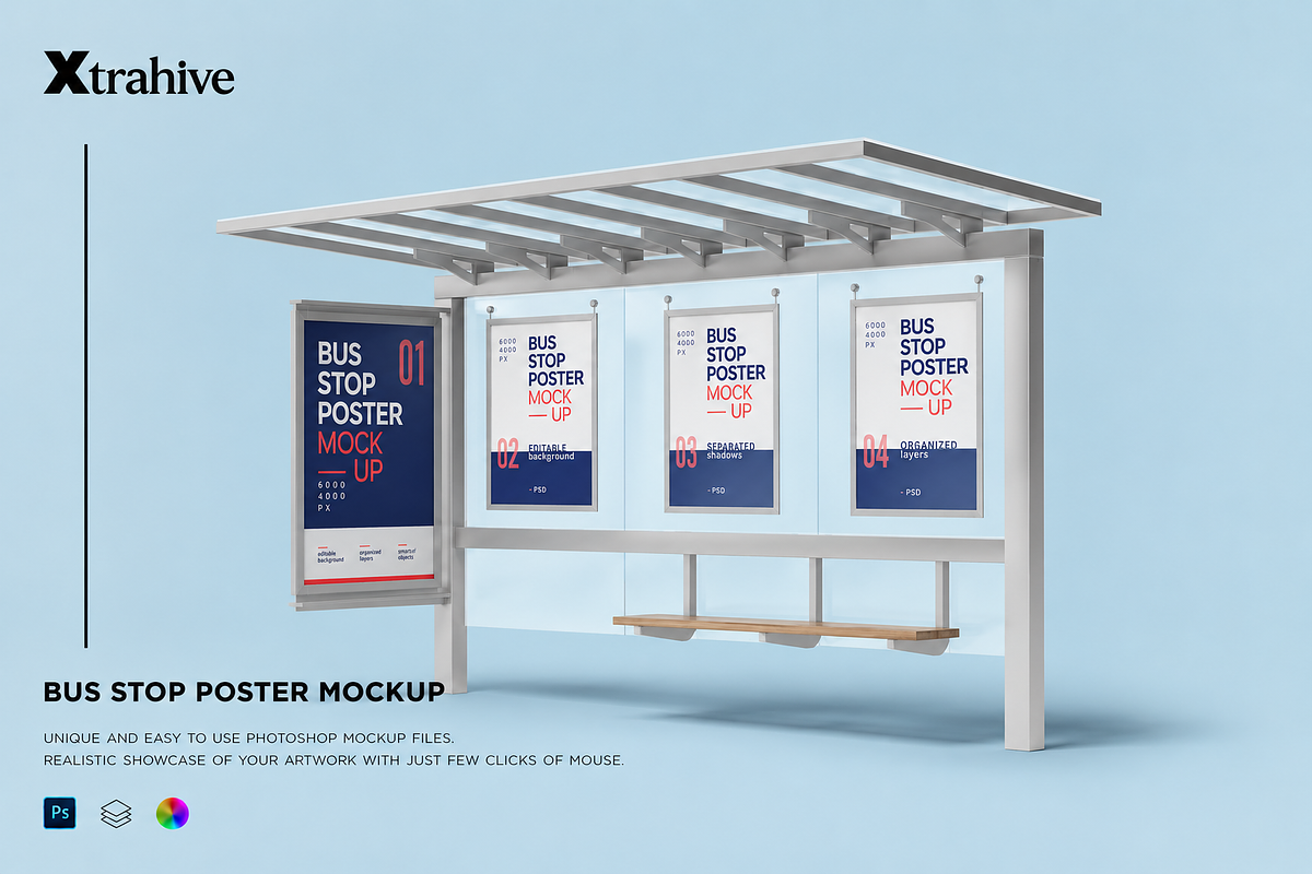 Bus Stop Poster Mockup, an Advertising Mockup by Xtrahive (Photo 1 of 2)