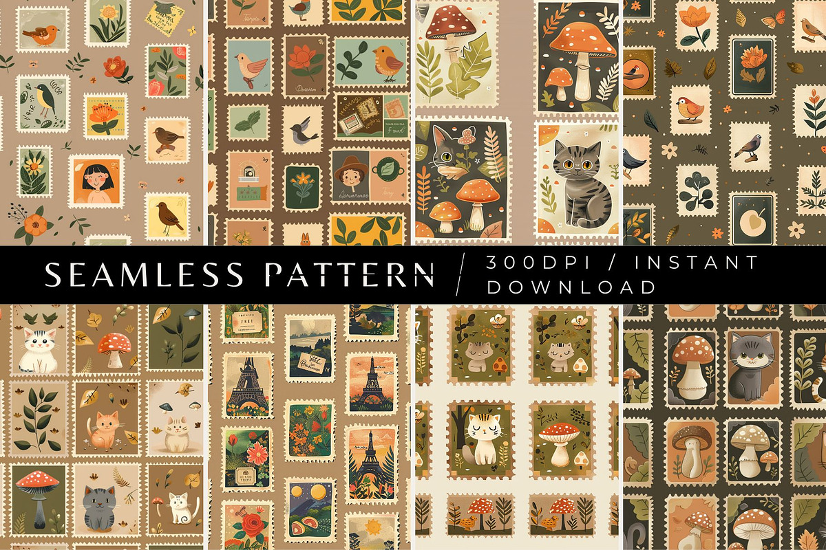 8 Cottagecore Stamp Seamless Pattern, a Pattern Graphic by Inknfolly (Photo 1 of 5)