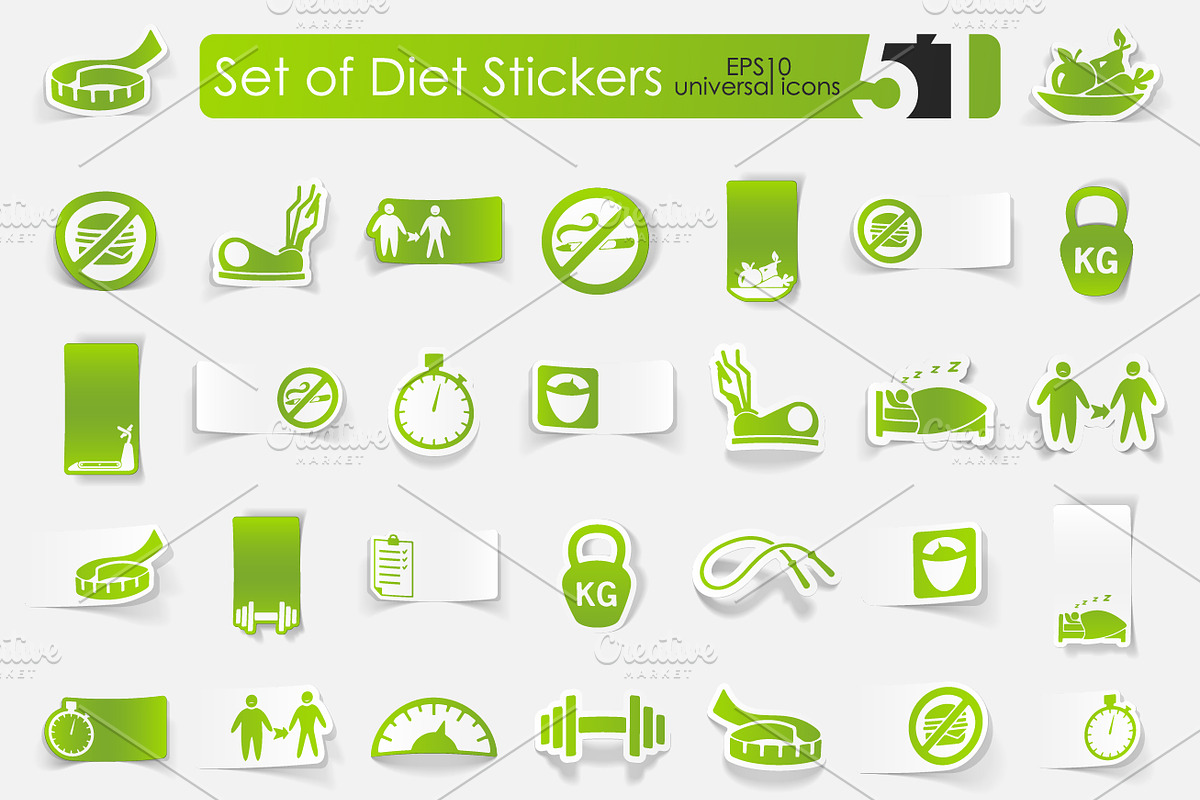 51 diet sticker icons with shadow, an Icon by Palau