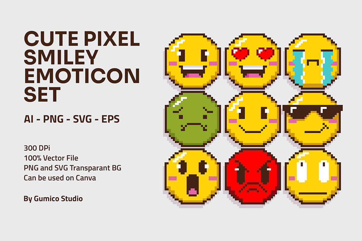 Cute Pixel Smiley Emoticon Set, an Object Graphic by Gumico Studio. (Photo 3 of 3)