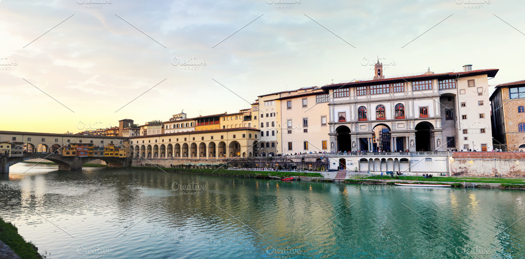 Uffizi Gallery and Ponte Vecchio reflecting on Arno River at sunset in Florence, an Architecture Photo by Antonio Gravante Market
