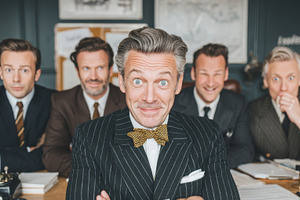 Funny business men group portrait with a jokey boss wearing a bow tie in an off, a Photo by AS photostudio