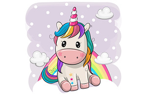 Cartoon Unicorn Is Sitting On Clouds