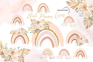 Boho Rainbow Pampas Grass Clipart