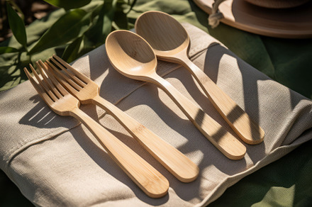 Bamboo Utensils on Fabric Outdoor Setup, an Abstract Photo by Natalia Klenova's Shop