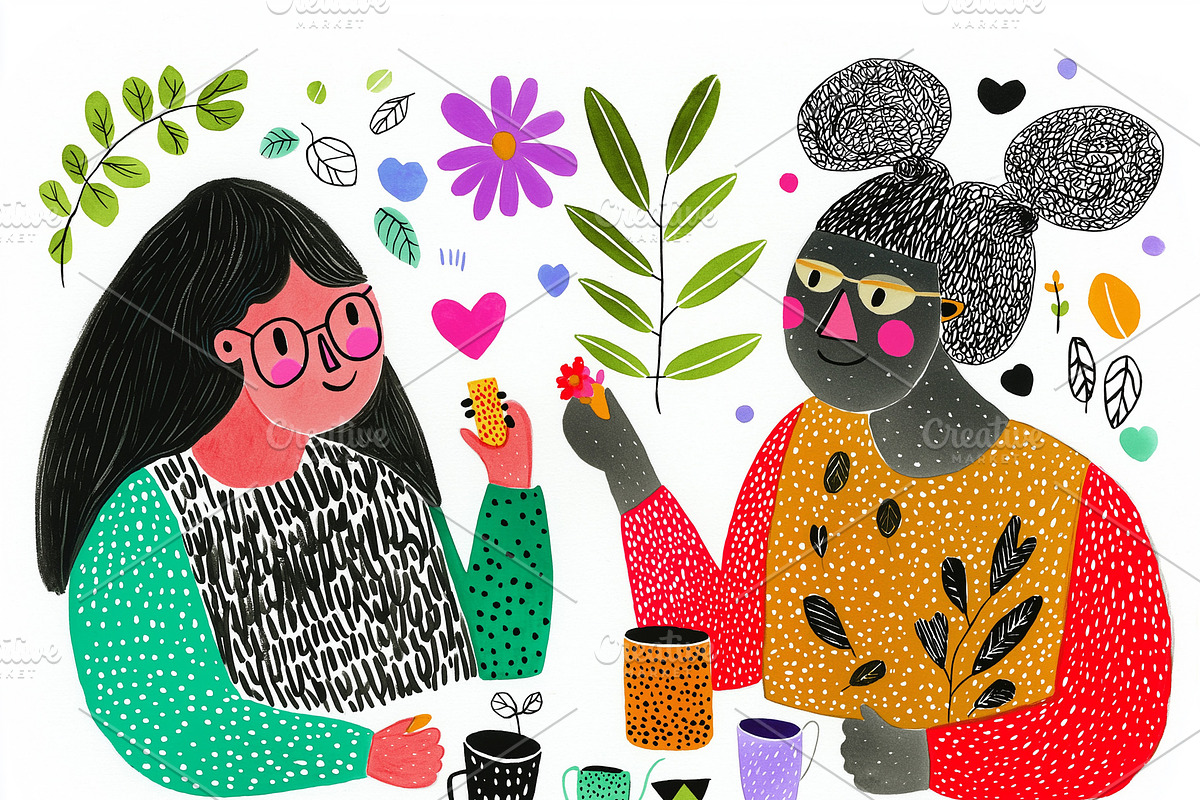 Female friends drink tea, a Person Illustration by Sybillla