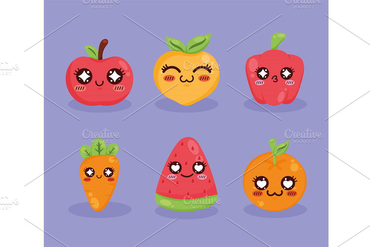 six kawaii fruits and vegetables, a Food Illustration by studiogstock